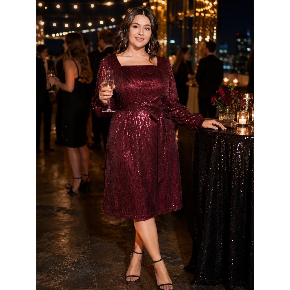 New Bloomchic Womans 18/20 Plus Dress Sequin Red Square Neck Lined Long Sleeve
